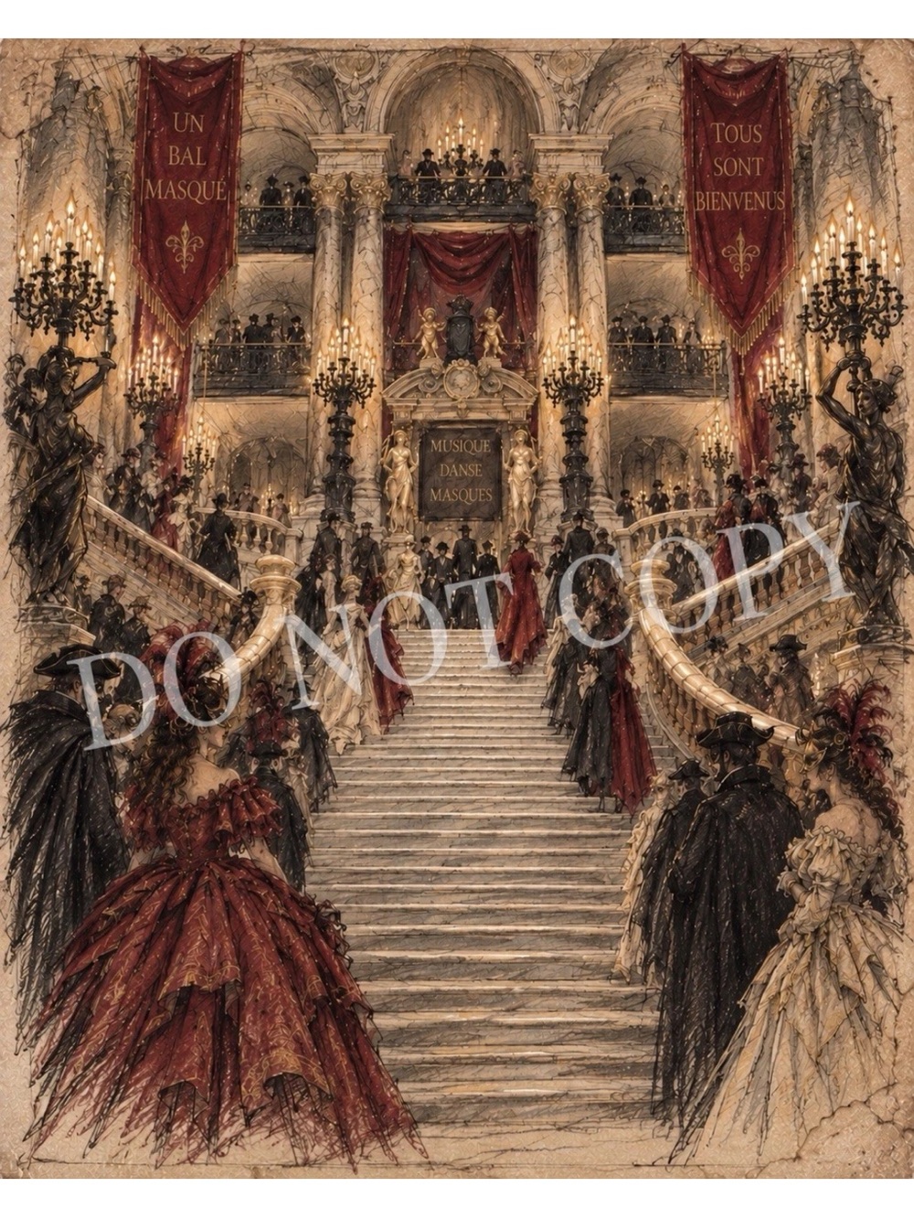 Phantom of the Opera Inspired Masquerade Staircase Sketch Art Print 8x10 Gothic